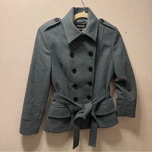 J. Peterman 100% Wool Double Breasted Military Jacket Blue Gray w brown Sz 2